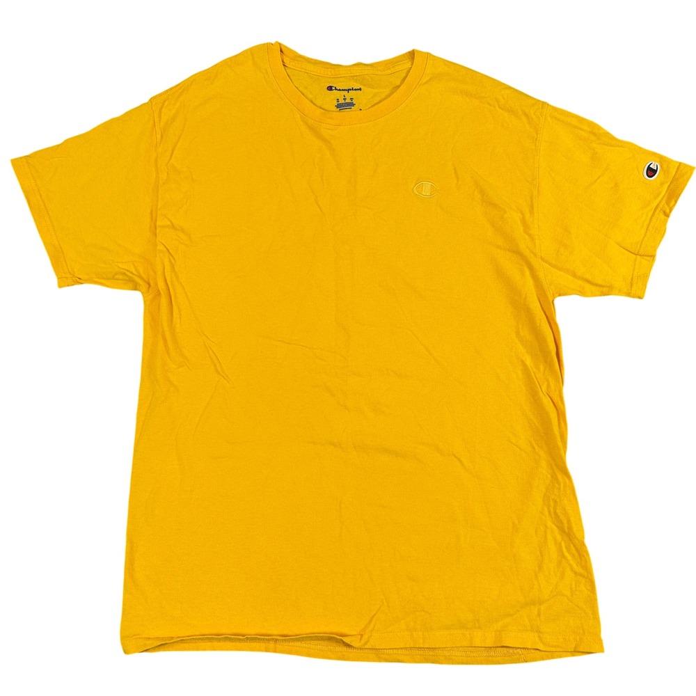 Champion Mens Yellow Crew Neck Short Sleeve T-Shirt Size Large Embroidered Logo